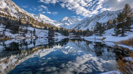 A serene alpine lake surrounded by snow-covered mountains and evergreen trees, reflecting the sky and peaks