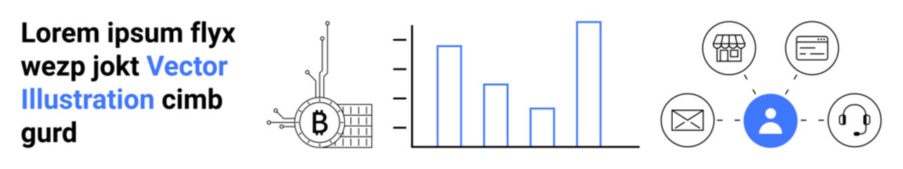 Business icons, bar graph, and blockchain element convey data analysis, communication, and technology. Ideal for business, technology, communication, marketing, presentations infographics website