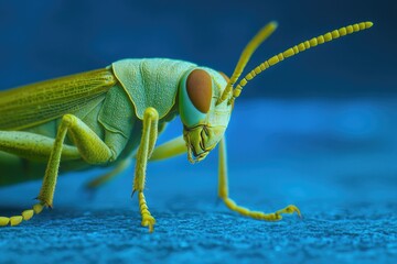 Close-up shot of a grasshopper on a blue surface, perfect for illustration or design projects