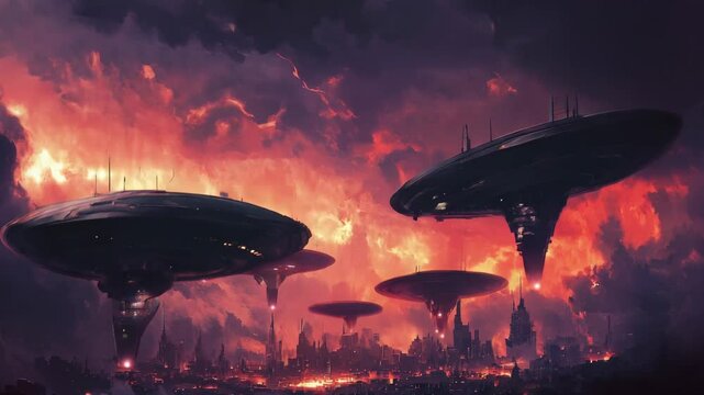 Alien spaceships invade a city, hovering ominously above. A red sky and raging fires create an atmosphere of destruction, signaling an intense attack and impending chaos