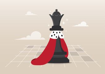 A black chess queen, adorned with a white and black collar and a red cape