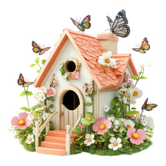 Whimsical butterfly-adorned garden cottage surrounded by vibrant flowers in a sunny meadow on transparent Background