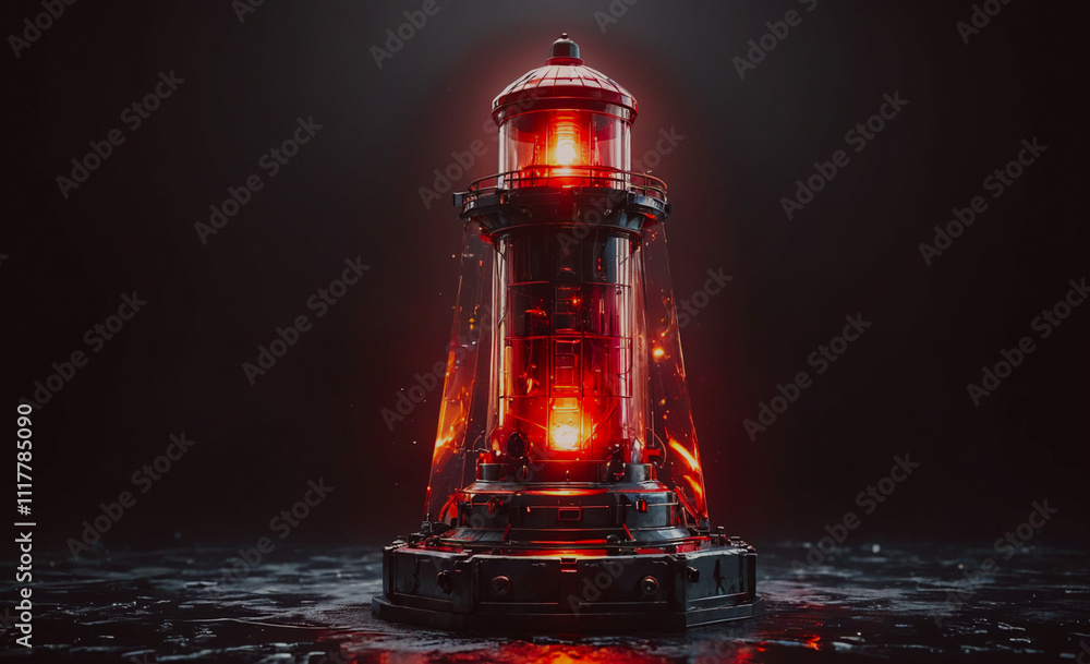 Poster A red lighthouse with a red light on top. The lighthouse is surrounded by a dark background. The image has a futuristic and industrial feel to it