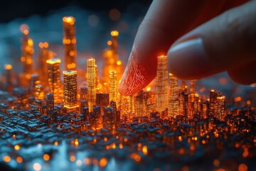A finger touches a miniature city on a computer keyboard, great for futuristic or tech-related concepts