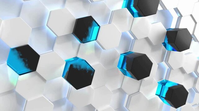 A repeating pattern of white and black hexagonal shapes, some with glowing blue accents.