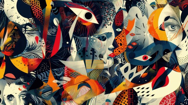 A vibrant collage of abstract faces and shapes in bold colors.