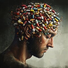 Close-up portrait of a man with many pills in his head. Health and medical concept.