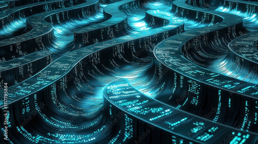 Poster abstract digital river of glowing binary sequences in futuristic flowing patterns