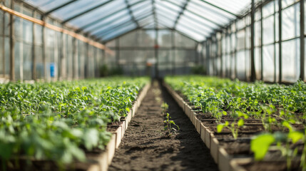 Vibrant green plants growing orderly in a sunlit greenhouse with glass walls and soil paths, showcasing healthy agricultural growth in a controlled environment.