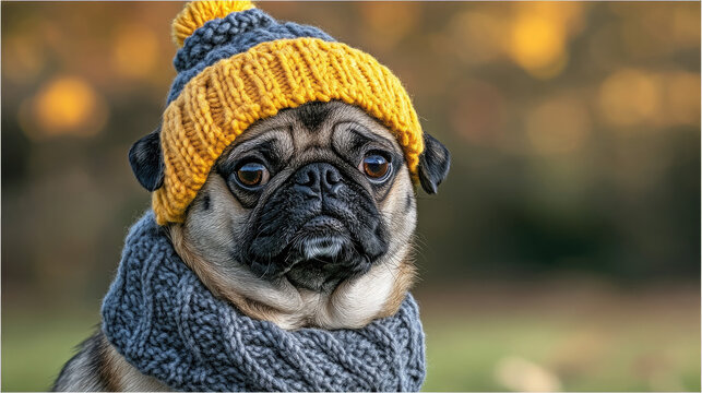 pug in winter funny hat