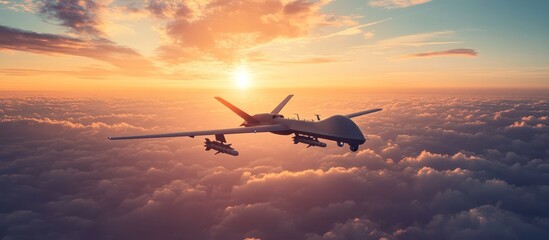 A drone flies high in the sky above clouds at sunset.