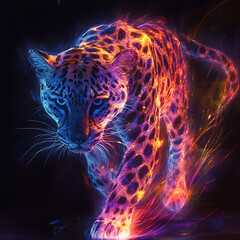 A Striking and Colorful Depiction of a Vibrant Leopard in Motion, Showcasing the Beauty and Grace of Wildlife with Dynamic Light Effects