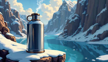 A sleek thermos sits on a snowy ledge by a tranquil, icy river surrounded by towering cliffs under a cloudy sky. AI generated.
