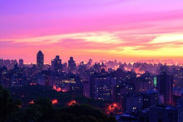 Obraz premium Vibrant city skyline at sunset, showcasing urban beauty and tranquility.