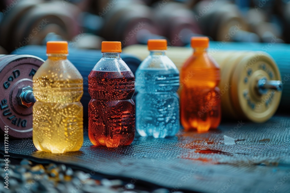 Poster a close-up view of a bottle of water surrounded by other bottles, perfect for use in product photogr
