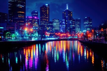 Obraz premium Night cityscape reflecting colorful lights on a river.