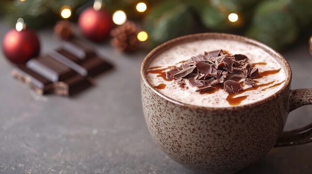 A cozy cup of hot chocolate topped with chocolate shavings, surrounded by festive decorations and chocolate bars, perfect for winter celebrations.