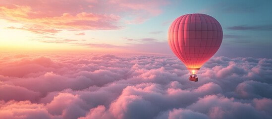 Obraz premium A hot air balloon gliding above soft, colorful clouds during sunset.