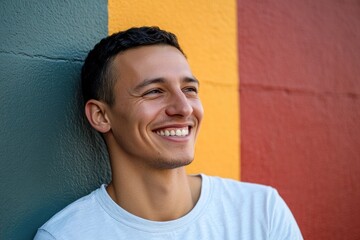 Obraz premium A smiling man leaning against a colorful wall with vibrant mural