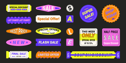 Sale stickers and coupons in Y2K aesthetics, labels for price tags with discounts announcements, business off advertisement badges, vector graphic design elements. 