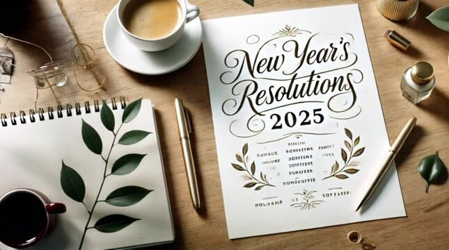 New years resolutions 2025 on desk. Goal list with coffee cup on table. 
