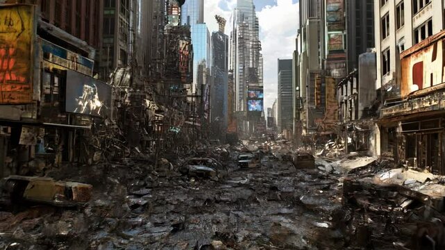 Abandoned cars sit amidst the rubble of a devastated times square in new york. Debris covers the streets, creating a haunting scene of destruction and desolation in a post-apocalyptic landscape