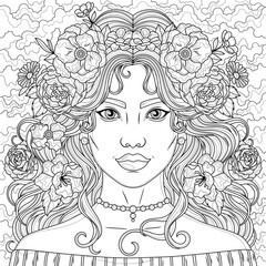 Woman with flowers in her hair.Coloring book antistress for children and adults. 