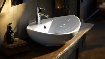 Fototapeta premium A simple kitchen setup with a white sink resting on a wooden countertop