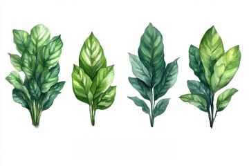 A collection of various green leaves illustrated in a watercolor style.