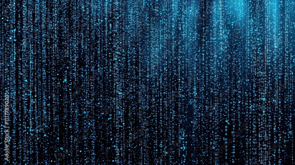 Poster abstract digital river of glowing binary sequences in tranquil flowing patterns