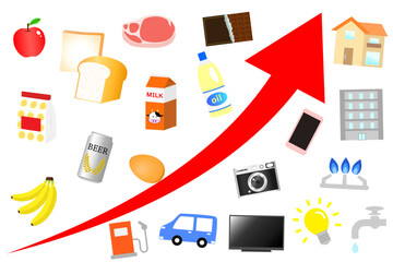 物価上昇の曲線矢印と値上がり商品のセットイラスト素材