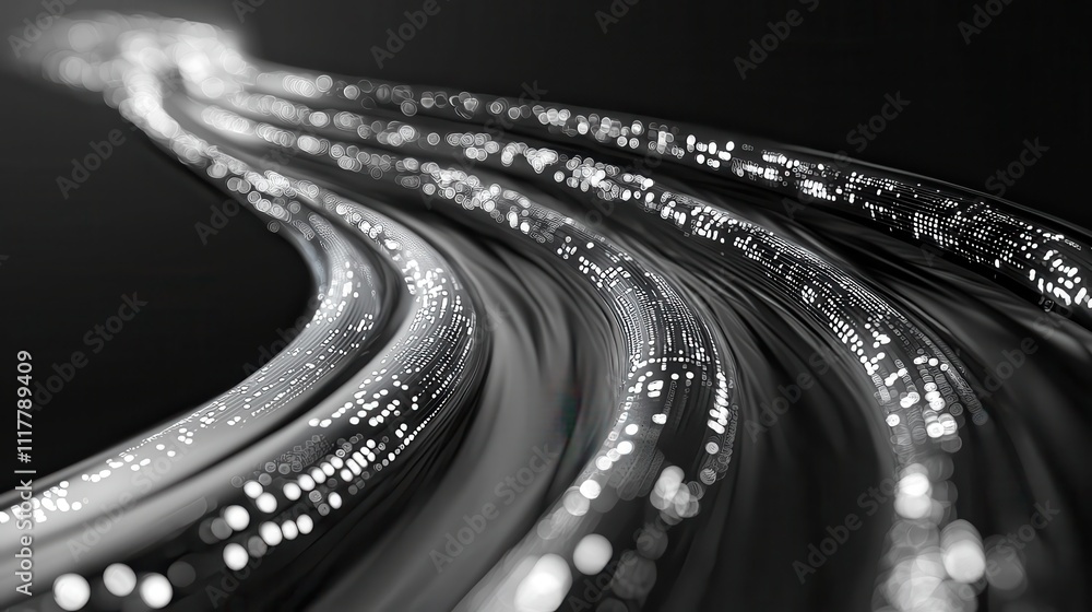 Poster abstract digital river of glowing binary sequences in a futuristic black background