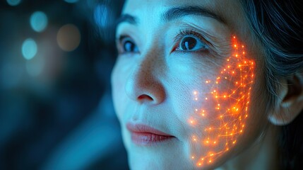 Close-up of woman's face with glowing digital grid pattern, futuristic technology concept, blue-toned background
