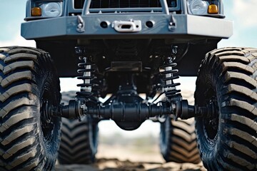 Close-up of a rugged vehicle's suspension and tires on rough terrain.