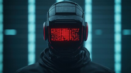 Futuristic Robot Head with Red Display and Neon Background