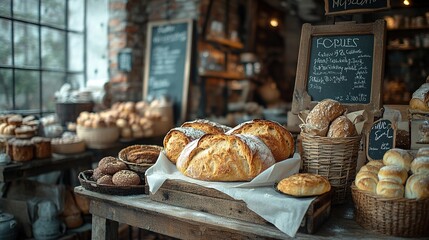 Freshly baked bread on wooden shelves in rustic bakery with warm sunlight and cozy vintage atmosphere