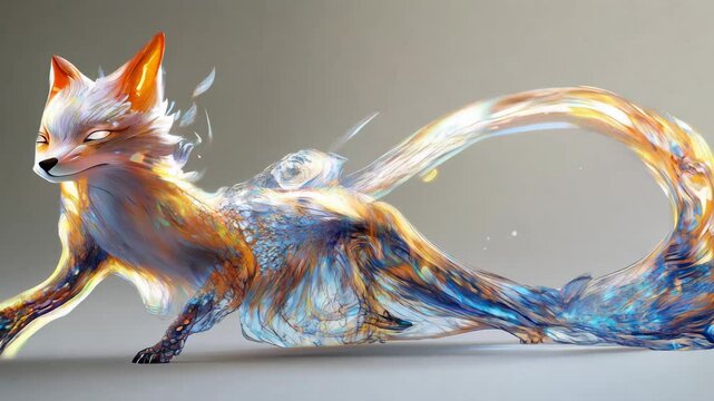Magical nine-tailed fox gracefully walks with a flowing water tail in a seamless animation cycle