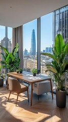 Obraz premium Modern office space with a view, featuring plants and a sleek design.