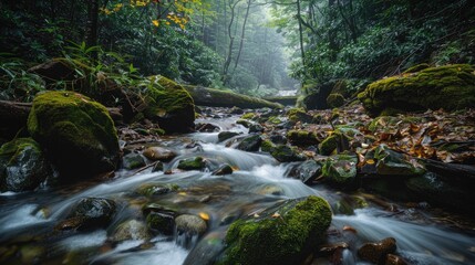 A serene mountain stream flowing through a dense forest, with moss-covered rocks and fallen leaves