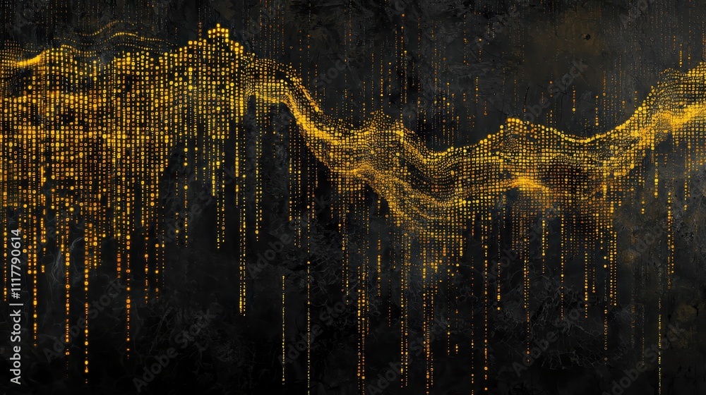 Poster abstract digital representation of a river flowing with glowing binary sequences in dark background