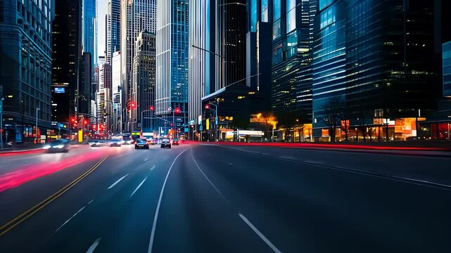 Nighttime City Street with Modern Skyscrapers and Light Trails

