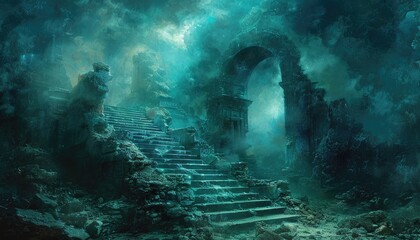 Submerged Ancient Ruins Staircase Leading to Archway