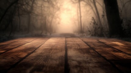 Mystical Forest Path with Wooden Plank Background.