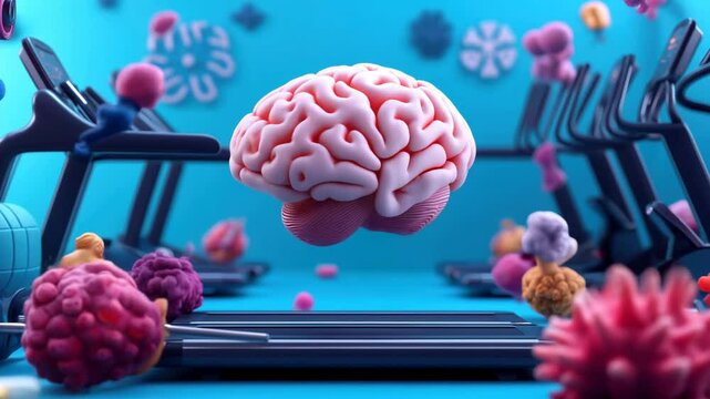Surreal scene of a human brain floating above a treadmill surrounded by colorful abstract objects in a vibrant gym setting.