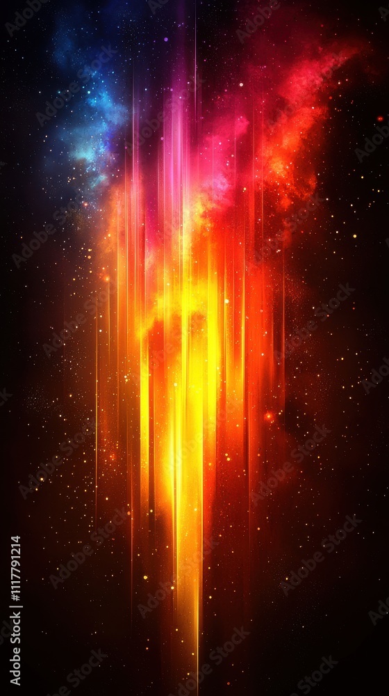 Poster vibrant cosmic display with radiant colors and dynamic patterns in a dark universe