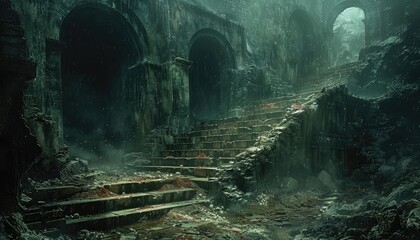 Naklejka premium Overgrown Ruins Ancient Stone Staircase Leading to Darkness
