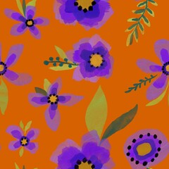 Abstract Hand Drawing Digital Painting Watercolor Brush Strokes Peony Poppy Anemone Violet Botanical Flowers Branches and Leaves Seamless Textile Upholstery Pattern Isolated Background