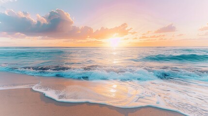 A serene beach at sunset, with the sky painted in shades of pink, orange, and purple, and gentle waves lapping the shore