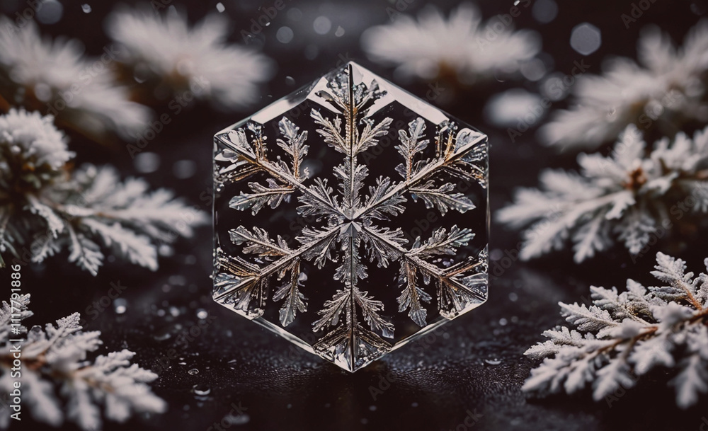 Poster A snowflake is the main focus of the image, surrounded by branches and leaves. The snowflake is made of ice and he is a unique and intricate design. Concept of wonder and beauty