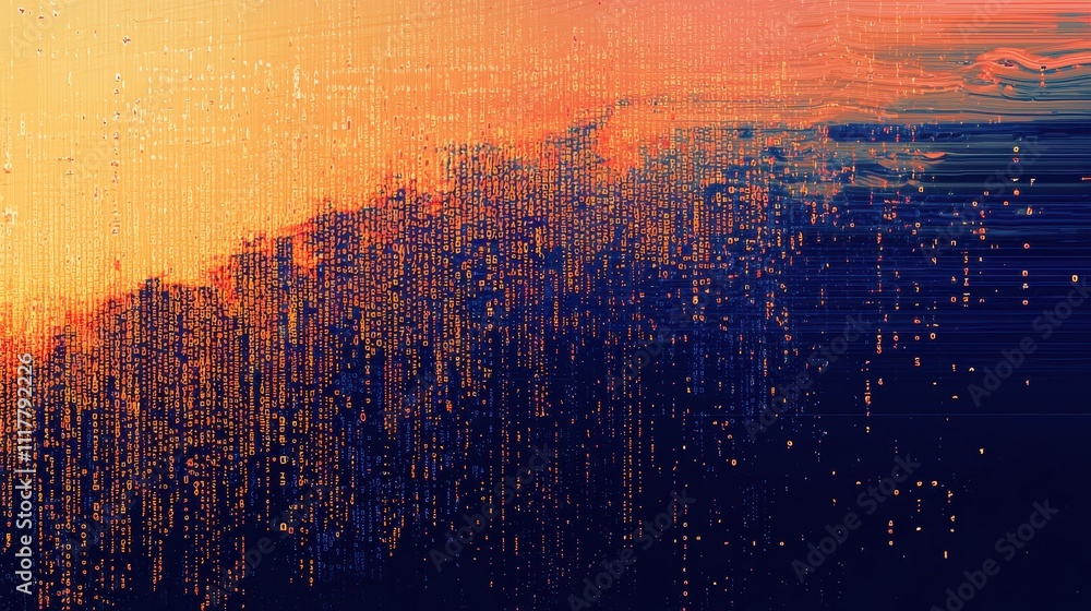 Poster abstract digital art depicting glowing binary sequences in a river-like flowing pattern